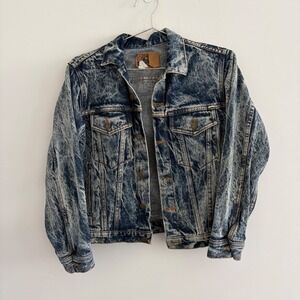 Vintage Plain Pockets Acid Wash Denim Trucker Jacket Medium Blue 100% Cotton